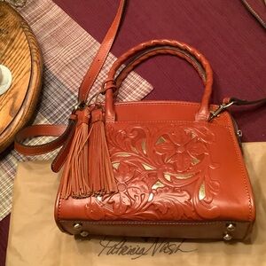 Patricia Nash small Paris satchel Cinnamon Leather with tassels EUC